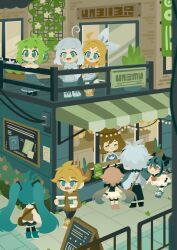 Rule 34 | 2boys, 6+girls, antenna hair, aqua eyes, aqua hair, arm rest, bag, balcony, bass clef, black sailor collar, blonde hair, blue hair, blue skirt, blush stickers, bow, bowtie, brown hair, brown hoodie, bulletin board, cafe, chibi, closed eyes, coffee cup, commentary, cup, disposable cup, dress, drink, fang, flower, flower (vocaloid), flower (vocaloid4), from behind, green eyes, green hair, gumi, hair bow, hair ornament, hatsune miku, heterochromia, highres, holding, holding cup, holding drink, hood, hoodie, horns, kagamine len, kagamine rin, long hair, long skirt, looking at another, low twintails, meika hime, meika mikoto, meiko (vocaloid), miniskirt, multicolored hair, multiple boys, multiple girls, open mouth, outdoors, pink eyes, pink hair, plant, pleated skirt, poster (object), projecttiger, raglan sleeves, railing, red bow, red bowtie, sailor collar, sandwich board, shoes, short hair, shorts, shoulder bag, skirt, smile, sneakers, standing, streaked hair, string of light bulbs, symbol-only commentary, treble clef, twintails, utatane piko, very long hair, vines, vocaloid, white bow, white dress, white hair, white hoodie, window, yellow hoodie