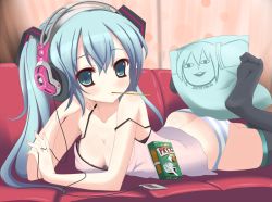 Rule 34 | 1girl, aqua eyes, aqua hair, ass, breasts, butt crack, cleavage, couch, digital media player, downblouse, food, hatsune miku, headphones, kuronekogata, long hair, lying, mouth hold, off shoulder, on stomach, panties, pillow, red upholstery, shiteyan&#039;yo, solo, striped clothes, striped panties, thighhighs, twintails, underwear, vocaloid