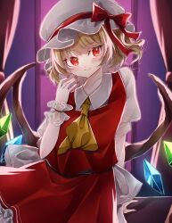 1girl absurdres arm_support ascot back_bow bad_id bad_pixiv_id blonde_hair bow closed_mouth collarbone collared_shirt cowboy_shot crystal curtains flandre_scarlet frilled_skirt frills glowing glowing_wings hat hat_ribbon head_tilt highres indoors katsukare large_bow light_smile looking_at_viewer medium_hair mob_cap multicolored_wings nail_polish puffy_short_sleeves puffy_sleeves red_eyes red_nails red_ribbon red_skirt red_vest ribbon shirt short_sleeves skirt solo touhou vest white_bow white_hat white_shirt wings wrist_cuffs yellow_ascot