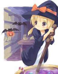 Rule 34 | 1girl, bad id, bad pixiv id, bat (animal), blonde hair, blush, book, bookshelf, bow, brown eyes, candy, candy cane, food, halloween, hat, hat bow, jack-o&#039;-lantern, looking back, okiami, original, ponytail, pumpkin, short hair, solo, stick, witch, witch hat