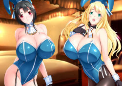 Rule 34 | 2girls, absurdres, adapted costume, animal ears, ascot, atago (kancolle), bare shoulders, bed, beret, black gloves, black hair, black legwear, blonde hair, blue headwear, blue leotard, breasts, cleavage, collarbone, cowboy shot, detached collar, dragon@harry, fake animal ears, garter straps, gloves, green eyes, hat, highres, huge breasts, indoors, kantai collection, leotard, long hair, looking at viewer, multiple girls, open mouth, pantyhose, playboy bunny, rabbit ears, red eyes, short hair, smile, standing, strapless, strapless leotard, takao (kancolle), teeth, thighhighs, thighs, upper teeth only, white ascot, wrist cuffs