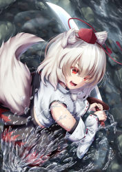 Rule 34 | 1girl, animal ears, autumn leaves, bare shoulders, black skirt, breasts, detached sleeves, fang, hat, highres, inubashiri momiji, looking at viewer, looking up, medium breasts, medium skirt, mizunisabano, multicolored clothes, multicolored skirt, open mouth, pom pom (clothes), red eyes, red skirt, ribbon-trimmed sleeves, ribbon trim, shirt, short hair, skirt, sleeveless, sleeveless shirt, solo, sword, tail, tokin hat, touhou, turtleneck, water, weapon, white hair, white shirt, wolf ears, wolf tail