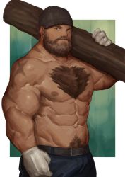 Rule 34 | 1boy, abs, alternate costume, bara, beanie, beard, brown hair, bulge, carrying over shoulder, chest hair, contemporary, cowboy shot, denim, facial hair, gloves, hat, highres, jeans, large pectorals, leather belt, log, looking at viewer, male focus, mature male, mohawk, muscular, muscular male, mustache, navel, navel hair, nipples, pants, pectorals, ryker, scar, scar on arm, topless male, short hair, solo, stomach, street fighter, white gloves, zangief