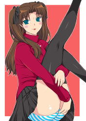 Rule 34 | 00s, 1girl, :p, ass, black thighhighs, blush, brown hair, fate/stay night, fate (series), green eyes, legs, long legs, naughty face, panties, pantyshot, ribbon, shichimenchou, skirt, solo, striped clothes, striped panties, thighhighs, tohsaka rin, tongue, tongue out, twintails, two side up, underwear, upskirt