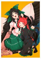 Rule 34 | 2girls, :3, :d, animal ears, arm cannon, bird wings, black bow, black footwear, black hair, black wings, blunt bangs, border, bow, braid, breasts, brown eyes, cape, cat ears, cat tail, closed mouth, collared shirt, commentary request, control rod, dress, feathered wings, footwear bow, frilled dress, frilled shirt, frilled shirt collar, frilled skirt, frilled sleeves, frills, full body, green bow, green skirt, hair bow, hair intakes, highres, kaenbyou rin, kneeling, large breasts, long hair, long sleeves, looking at viewer, maki (osobabouro), mary janes, medium bangs, medium breasts, multiple girls, multiple tails, open mouth, orange background, parted bangs, paw pose, print cape, puffy short sleeves, puffy sleeves, red eyes, red hair, reiuji utsuho, shirt, shoes, short sleeves, sidelocks, simple background, skirt, smile, starry sky print, tail, third eye, tongue, tongue out, touhou, twin braids, two-sided cape, two-sided fabric, very long hair, weapon, white border, white cape, white shirt, wings