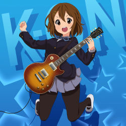 Rule 34 | 1girl, absurdres, asanaya, black pantyhose, blue background, brown eyes, brown hair, buttoned cuffs, buttons, commentary request, electric guitar, grey skirt, guitar, hair ornament, hairclip, hand up, highres, hirasawa yui, holding, holding plectrum, instrument, k-on!, open mouth, pantyhose, pleated skirt, plectrum, school uniform, shoes, short hair, skirt, solo, teeth, tongue, upper teeth only
