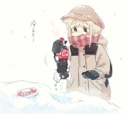 Rule 34 | 1girl, alternate costume, black mittens, blonde hair, blush stickers, bottle, brown coat, brown eyes, brown hat, coat, coca-cola, commentary request, condensation, cowboy shot, enpera, flat cap, food, futaba anzu, hat, holding, holding bottle, hood, hood down, hooded coat, ice cream, idolmaster, idolmaster cinderella girls, mittens, motion lines, nendo23, open mouth, outdoors, red scarf, scarf, smile, snow, soda bottle, solo, standing, translation request, white background, winter clothes
