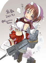 Rule 34 | 1girl, arched back, bandaid, bandaid on head, brown eyes, brown hair, brown neckerchief, brown sailor collar, burnt clothes, character name, crossed bandaids, dated, detached sleeves, feet out of frame, fujii rino, gun, hairband, kantai collection, looking at viewer, machinery, natori (kancolle), navel, neckerchief, pleated skirt, red skirt, sailor collar, school uniform, serafuku, short hair, skirt, solo, thighhighs, twitter username, weapon, white hairband, white thighhighs