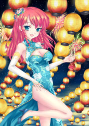 Rule 34 | 1girl, braid, breasts, china dress, chinese clothes, cleavage, dress, female focus, fireworks, fred0092, green eyes, hair ornament, high heels, highres, hong meiling, lantern, long hair, md5 mismatch, night, no headwear, no headwear, open mouth, red hair, shoes, smile, touhou, twin braids
