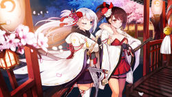 Rule 34 | 2girls, architecture, azur lane, bell, black gloves, black skirt, blue eyes, blush, breasts, brown eyes, brown hair, cherry blossoms, cleavage, coat, collarbone, commentary request, dress, east asian architecture, eyelashes, eyeliner, fingerless gloves, fingernails, flight deck, floating hair, flower, flute, fur trim, gloves, hair flower, hair ornament, hatsumoude, highres, holding, holding instrument, instrument, japanese clothes, kanzashi, katana, kimono, large breasts, long hair, looking at another, looking at viewer, makeup, miniskirt, multiple girls, new year, night, night sky, one eye closed, one side up, own hands clasped, own hands together, petals, praying, print kimono, red dress, ribbon-trimmed legwear, ribbon trim, rope, sheath, sheathed, shoukaku (azur lane), shrine bell, siblings, side ponytail, silver hair, sisters, skirt, sky, smile, spirtie, sword, thigh strap, thighhighs, tsumami kanzashi, very long hair, water, weapon, white coat, white legwear, zuikaku (azur lane)