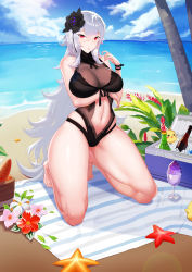 Rule 34 | 1girl, absurdres, arm under breasts, azur lane, beach, black flower, black one-piece swimsuit, black rose, bottle, breasts, cleavage, clothing cutout, crossed bangs, day, flower, graf zeppelin (azur lane), graf zeppelin (beachside urd) (azur lane), hair flower, hair ornament, highres, impossible clothes, impossible swimsuit, large breasts, long hair, looking at viewer, manjuu (azur lane), navel cutout, ocean, one-piece swimsuit, pink flower, red eyes, red flower, rose, sand, silver hair, smiling embassies, solo, starfish, summer, swimsuit, taut clothes, taut swimsuit, very long hair, white flower, wrist straps