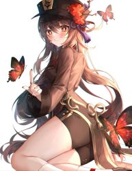 Rule 34 | 1girl, ass, bad id, bad pixiv id, black coat, black hat, black shorts, blush, breasts, brown hair, bug, butterfly, coat, coattails, flower, genshin impact, grin, hat, hat flower, highres, hu tao (genshin impact), index finger raised, insect, jewelry, kneehighs, long hair, long sleeves, looking at viewer, minttchocok, plum blossoms, red eyes, ring, shorts, small breasts, smile, socks, solo, symbol-shaped pupils, thighs, twintails, very long hair