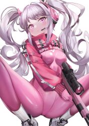 Rule 34 | 1girl, absurdres, alice (nikke), animal ear headphones, animal ears, assault rifle, blush, bodysuit, breasts, fake animal ears, gloves, goddess of victory: nikke, grey hair, gun, headphones, headset, highres, holding, holding weapon, impossible bodysuit, impossible clothes, jacket, latex, latex bodysuit, looking at viewer, medium breasts, multicolored clothes, multicolored gloves, pink bodysuit, pink eyes, pink gloves, pink headphones, red jacket, rifle, simple background, skin tight, solo, spread legs, squatting, two-tone gloves, weapon, white background, yutoriko (candy0905)