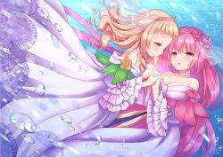 Rule 34 | 2girls, bare shoulders, blonde hair, blue background, bow, breasts, bubble, choker, cleavage, closed mouth, collarbone, curly hair, dress, eye contact, flower, flower knight girl, frills, hair flower, hair ornament, hasu (flower knight girl), highres, hitsujigusa (flower knight girl), holding hands, long hair, looking at another, medium breasts, minkusu, multiple girls, open mouth, pink eyes, pink hair, purple bow, signature, smile, tiara, underwater, veil, white choker, white dress, yellow eyes, yuri