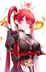 Rule 34 | 1girl, :q, absurdres, ace (playing card), ace of hearts, arm under breasts, between breasts, black choker, black dress, black gloves, blush, breasts, card, choker, cleavage, crown, dress, eyes visible through hair, gauntlets, gloves, grimlight, hair between eyes, heart, highres, holding, holding card, large breasts, long hair, pink eyes, playing card, puffy sleeves, queen of hearts (grimlight), red hair, simple background, solo, tongue, tongue out, twintails, very long hair, white background, yjs0803123