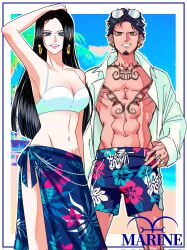 Rule 34 | 191 1006, 1boy, 1girl, abs, arm up, armpits, beach, bikini, black hair, blue eyes, blue male swimwear, blue sarong, boa hancock, border, breasts, chest tattoo, cleavage, cloud, collaboration, collarbone, commentary, day, earrings, english commentary, english text, eyewear on head, facial hair, finger tattoo, floral print, goatee, grin, hand on own head, hand on own hip, hand tattoo, highres, jewelry, long hair, long sideburns, long sleeves, looking at viewer, male swimwear, medium breasts, midriff, mixed-language commentary, navel, ocean, one piece, open clothes, open shirt, outdoors, palm tree, polar tang (artist), print sarong, sand, sarong, shirt, short hair, sideburns, smile, snake earrings, spaghetti strap, standing, straight hair, summer, sunglasses, swim trunks, swimsuit, tattoo, teeth, toned, toned male, trafalgar law, tree, very long hair, water, white bikini, white shirt, yellow eyes