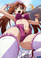 Rule 34 | 00s, 1girl, absurdres, bra, brown hair, code geass, drink, frills, from below, highres, inline skates, lingerie, long hair, open mouth, roller skates, shirley fenette, shorts, skates, smile, solo, tabata hisayuki, thighhighs, underwear, unzipped