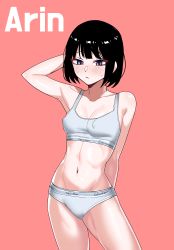 Rule 34 | 1girl, absurdres, arm up, bad id, bad pixiv id, bare arms, black hair, blue eyes, blush, breasts, calvin klein, character name, cleavage, collarbone, commentary request, covered erect nipples, cowboy shot, edge garam, highres, korean commentary, looking at viewer, navel, original, panties, red background, short hair, simple background, small breasts, solo, sports bra, stomach, sweat, underwear, underwear only, white panties, white sports bra
