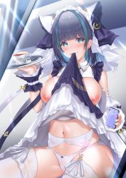 Rule 34 | 1girl, aqua eyes, aqua hair, aqua nails, azur lane, black hair, blush, bow, bow panties, breasts, cellphone, cheshire (azur lane), clothes lift, cup, dress, dress lift, frills, garter belt, haruna reine, highres, holding, holding phone, large breasts, lifted by self, maid, maid headdress, medium hair, mouth hold, multicolored hair, nail polish, navel, nipples, one breast out, panties, phone, saucer, sitting, smartphone, smile, solo, stomach, streaked hair, teacup, thighhighs, tongue, tongue out, underwear, white panties, white thighhighs, wrist cuffs