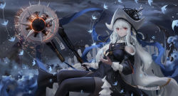 Rule 34 | absurdres, arknights, black background, black dress, black hat, black legwear, breasts, bubble, chain, circular saw, commentary, detached sleeves, dress, english commentary, feet out of frame, fish, hair between eyes, hand up, hat, hat ornament, highres, holding, holding weapon, ling dianxia, long hair, looking at viewer, nail polish, official alternate costume, pantyhose, parted lips, purple nails, red eyes, saw, sitting, sleeveless, sleeveless dress, small breasts, specter (arknights), specter the unchained (arknights), tassel, thighhighs, thighhighs over pantyhose, thighs, very long hair, weapon