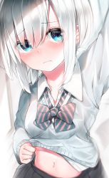 Rule 34 | 1girl, arm up, black skirt, blue eyes, blush, bow, breasts, closed mouth, clothes lift, collarbone, collared shirt, commentary request, diagonal stripes, dress shirt, grey sweater, hair between eyes, highres, lifting own clothes, long sleeves, looking at viewer, navel, neku (neku draw), open clothes, open shirt, original, pleated skirt, reaching, reaching towards viewer, school uniform, selfie, shirt, silver hair, skirt, sleeves past wrists, small breasts, solo, striped, striped bow, sweater, sweater lift, wavy mouth, white shirt