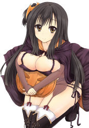 Rule 34 | 1girl, bat hair ornament, black footwear, black hair, blush, boots, breasts, brown eyes, cape, cleavage, closed mouth, collarbone, cross-laced footwear, detached sleeves, eyebrows, from above, garter straps, hair ornament, halloween, high heels, highres, karukan (karukann), large breasts, long hair, looking at viewer, one side up, sanoba witch, simple background, sleeves past wrists, smile, solo, squatting, thigh boots, thighhighs, togakushi touko, very long hair, white background, white thighhighs