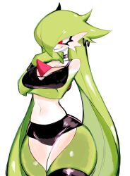 Rule 34 | 1girl, black choker, black shorts, black tank top, black thighhighs, bracelet, breasts, choker, colored skin, cowboy shot, creatures (company), game freak, gardevoir, gen 3 pokemon, green hair, hair over one eye, hand on own chest, highres, jewelry, large breasts, long hair, micro shorts, nintendo, piercing, pokemon, pokemon (creature), red eyes, shorts, simple background, smirk, solo, tank top, thighhighs, twintails, usa37107692, very long hair, white background, white skin