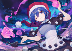 Rule 34 | 1girl, ;3, ainy, black dress, blue eyes, blue hair, book, breasts, closed mouth, doremy sweet, dream soul, dress, eyelashes, hair between eyes, hat, long hair, looking at viewer, medium breasts, nightcap, one eye closed, pom pom (clothes), red hat, short hair, short sleeves, smile, solo, tail, tapir tail, touhou, turtleneck, two-tone dress, white dress