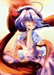 Rule 34 | 1girl, bat wings, blood, blood from mouth, blood on hands, blue dress, blue shirt, blue skirt, blush, brooch, dress, dripping, fangs, hand on own face, hat, highres, jewelry, low wings, mob cap, namatyoco, open mouth, red eyes, remilia scarlet, ribbon, shirt, short hair, short sleeves, skirt, skirt set, touhou, wings