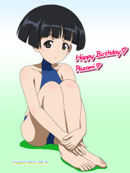 Rule 34 | 1girl, black hair, blue one-piece swimsuit, blush, brown eyes, character name, closed mouth, dated, girls und panzer, happy birthday, highres, konparu nozomi, looking at viewer, naotosi, one-piece swimsuit, short hair, solo, swimsuit