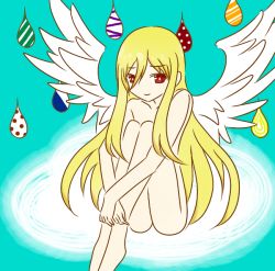 Rule 34 | 1boy, afuro terumi, androgynous, angel wings, barefoot, blonde hair, inazuma eleven, inazuma eleven (series), long hair, looking at viewer, male focus, morita xiaxuan, nude, red eyes, smile, solo, trap, very long hair, wings