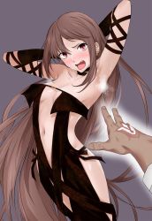 Rule 34 | 1girl, armpits, arms behind head, arms up, bare shoulders, black dress, black gloves, blush, breasts, brown hair, center opening, choker, collarbone, command spell, dress, earrings, elbow gloves, fang, fate/grand order, fate (series), gloves, grey background, highres, hip focus, jewelry, long hair, looking at viewer, medium breasts, navel, open mouth, outstretched arm, red eyes, simple background, solo focus, strapless, strapless dress, sweat, very long hair, yoshiki360, yu mei-ren (fate)