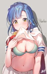 Rule 34 | 1girl, aqua bra, blue hair, blurry, blush, bra, braid, breasts, cape, character name, cleavage, clothes in mouth, clothes lift, commentary request, depth of field, front-tie bra, grey background, hand up, head tilt, idol heroes (idolmaster), idolmaster, idolmaster million live!, kuri choko, large breasts, leaning forward, lifting own clothes, long hair, looking at viewer, miniskirt, mouth hold, nanao yuriko, navel, parted bangs, pleated skirt, red neckwear, revision, shadow, shirt, shirt in mouth, shirt lift, short sleeves, sidelocks, signature, skirt, solo, stomach, sweat, underwear, white cape, white shirt, white skirt, yellow eyes