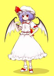Rule 34 | 1girl, back bow, bat wings, blush stickers, bow, closed mouth, full body, hand on own hip, hand up, hat, hat ornament, highres, itou yuuji, long skirt, looking at viewer, purple hair, red bow, red eyes, remilia scarlet, shirt, simple background, skirt, sleeve bow, smile, solo, standing, touhou, white footwear, white hat, white shirt, white skirt, wings, yellow background