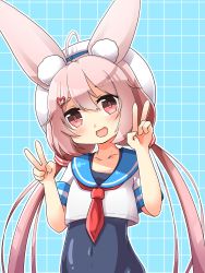 Rule 34 | 1girl, ahoge, animal ear fluff, animal ears, arms up, commentary request, covered navel, crop top, double v, hair ornament, hairclip, hat, highres, long hair, low twintails, one-piece swimsuit, open mouth, pink eyes, pink hair, rabbit ears, school swimsuit, school uniform, serafuku, shirt, smile, solo, swimsuit, tomari mari, tomari mari channel, twintails, upper body, v, very long hair, virtual youtuber, white hat, white shirt