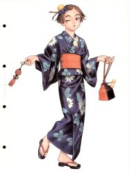 Rule 34 | 1girl, bell, black eyes, bob cut, brown hair, clog sandals, floral print, flower, full body, futurhythm, hair flower, hair ornament, highres, holding, japanese clothes, jingle bell, kimono, looking at viewer, murata range, obi, one eye closed, open mouth, pom pom (clothes), pouch, sandals, sash, scan, short hair, simple background, solo, standing, standing on one leg, tassel, white background, yukata, zouri