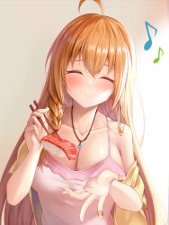 Rule 34 | 1girl, ^ ^, absurdres, alternate costume, bandaid, bandaid on hand, blush, braid, breasts, camisole, casual, chopsticks, cleavage, closed eyes, collarbone, food, highres, holding, holding chopsticks, incoming food, jacket, jewelry, large breasts, musical note, necklace, off shoulder, open clothes, open hand, open jacket, orange hair, pecorine (princess connect!), pecorine (real) (princess connect!), princess connect!, short sleeves, single braid, sira (user dswn7488), smile, solo, spaghetti strap, sushi, upper body