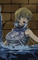Rule 34 | 1girl, absurdres, blonde hair, breasts, brown eyes, distress, duel academy uniform (yu-gi-oh! gx), highres, large breasts, long hair, open mouth, partially submerged, sakura painter, shirt, sleeveless, sleeveless shirt, solo, tears, tenjouin asuka, wet, wet clothes, wet shirt, yu-gi-oh!, yu-gi-oh! gx