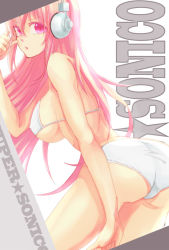 Rule 34 | 1girl, ass, back, bikini, biyouki, breasts, from behind, headphones, large breasts, long hair, looking at viewer, looking back, nitroplus, open mouth, pink eyes, pink hair, solo, super sonico, swimsuit