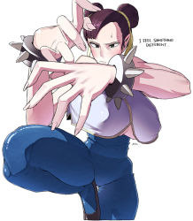 Rule 34 | 1girl, blush, bracelet, breasts, brown eyes, brown hair, capcom, chun-li, english text, fingernails, jewelry, large breasts, leg up, leggings, long fingernails, ohasi, shirt, shoes, slippers, spiked bracelet, spikes, street fighter, thick thighs, thighs, underboob