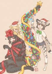 Rule 34 | 3girls, african wild dog (kemono friends), animal ears, annoyed, arm at side, arm up, artist logo, black legwear, blonde hair, blush stickers, bodystocking, boots, bound, bound torso, brown eyes, christmas ornaments, closed mouth, colored inner hair, cutoffs, dog ears, dog girl, dog tail, elbow gloves, extra ears, frills, gloves, godzilla, godzilla (series), godzilla (shin), golden snub-nosed monkey (kemono friends), grey hair, hands up, hat, height difference, kemono friends, kishida shiki, layered sleeves, long sleeves, long tail, looking at another, looking at object, looking down, looking up, lucky beast (kemono friends), medium hair, monkey ears, monkey girl, monkey tail, multicolored hair, multiple girls, open mouth, outstretched arm, parted lips, personification, red eyes, red hair, ribbon, santa hat, shin godzilla, shirt, short over long sleeves, short shorts, short sleeves, shorts, sidelocks, simple background, sitting, skirt, smile, squiggle, standing, streaked hair, sweater, tail, tall female, thigh boots, thighhighs, two-tone hair, wariza, white shirt