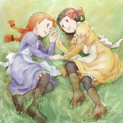 Rule 34 | 2girls, anne of green gables, anne shirley, apron, boots, braid, child, couple, diana barry, dress, eye contact, friends, grass, hair ribbon, holding hands, looking at another, lowres, lying, multiple girls, nippon animation, oekaki, official style, pantyhose, ribbon, sakai yume, smile, twin braids, world masterpiece theater