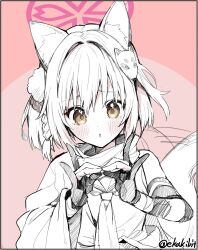 Rule 34 | 1girl, animal ear fluff, animal ears, blue archive, blush, ekakibito, fox ears, fox tail, gloves, halo, highres, izuna (blue archive), looking at viewer, neckerchief, parted lips, partially fingerless gloves, pink halo, sailor collar, short hair, solo, tail, twitter username, upper body, yellow eyes