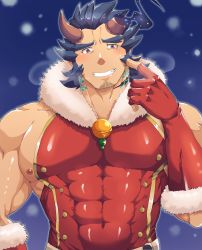 Rule 34 | 1boy, bara, bare shoulders, beard, blue hair, blush, breath, broken horn, christmas, covered abs, covered navel, dark blue hair, demon boy, demon horns, facial hair, fang, fiery horns, finger to cheek, highres, hisashira, horns, index finger raised, large pectorals, long sideburns, looking at viewer, male focus, mature male, muscular, muscular male, nipple slip, nipples, pectorals, santa costume, shirt, short hair, sideburns, sidepec, sleeveless, sleeveless shirt, solo, stubble, sweatdrop, takemaru (housamo), taut clothes, taut shirt, thick eyebrows, tokyo houkago summoners, upper body