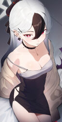 Rule 34 | 1girl, absurdres, bare shoulders, black choker, black hair, black horns, blue archive, breasts, bright pupils, choker, cleavage, collarbone, commentary, ear piercing, grey halo, hair between eyes, halo, highres, horns, kayoko (blue archive), kayoko (dress) (blue archive), looking at viewer, medium breasts, mole, mole on neck, multicolored hair, off shoulder, official alternate costume, parted lips, piercing, pyytato, red eyes, single wing, solo, thighs, two-tone hair, white hair, white pupils, wings