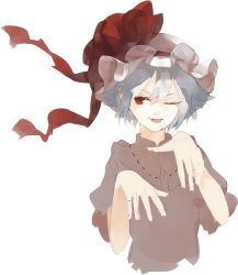 Rule 34 | 1girl, blood, blood on face, blue hair, bow, dress, fang, hat, hat bow, looking at viewer, mob cap, one eye closed, pink dress, puffy short sleeves, puffy sleeves, red eyes, remilia scarlet, shihou (g-o-s), short sleeves, simple background, smile, solo, touhou, white background, wink
