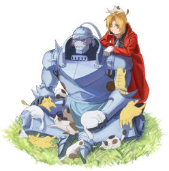 Rule 34 | 2boys, alphonse elric, animal, animal on head, antenna hair, apron, armor, black shirt, blonde hair, blush, brothers, cat, cat on head, coat, edward elric, expressionless, flamel symbol, full armor, full body, fullmetal alchemist, gloves, grass, helmet, male focus, multiple boys, on head, red coat, shaded face, shirt, siblings, simple background, sitting, standing, sweatdrop, tabixneko, too many, too many cats, white background, yellow eyes