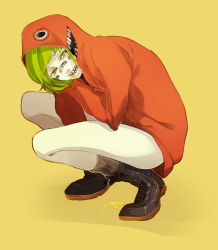 Rule 34 | 1girl, 44zou, bottomless, female focus, full body, gradient background, green hair, gumi, hood, hoodie, lip piercing, matryoshka (vocaloid), multicolored eyes, piercing, saliva, simple background, solo, squatting, tears, vocaloid