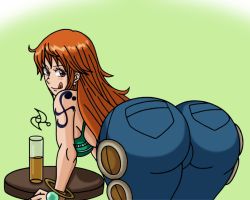 Rule 34 | 1girl, :q, ass, bare shoulders, bent over, bikini, bikini top only, blush, bracelet, breasts, brown eyes, denim, earrings, from behind, huge ass, jeans, jewelry, large breasts, leaning, leaning forward, long hair, looking at viewer, looking back, nami (one piece), omar-sin, one piece, orange hair, pants, smile, solo, swimsuit, tattoo, tongue, tongue out