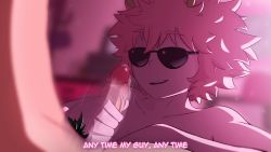 Rule 34 | 1boy, 1girl, absurdres, ashido mina, bedroom, black-framed eyewear, blurry, blurry background, blurry foreground, boku no hero academia, collarbone, colored skin, commentary, completely nude, depth of field, english commentary, english text, greatm8, handjob, hetero, highres, horns, indoors, male pubic hair, motion blur, motion lines, nude, parted lips, penis, photoshop (medium), pink hair, pink skin, pink theme, pubic hair, short hair, smug, solo focus, source filmmaker (medium), subtitled, sunglasses, uncensored, upper body